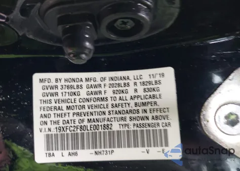 2020 Honda Civic Sport z USA, uszkodzony, nr VIN 19XFC2F80LE001882